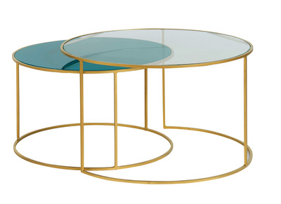 Set de 2 mesas nido de centro en metal dorado y cristal tintado azul petróleo ROXO